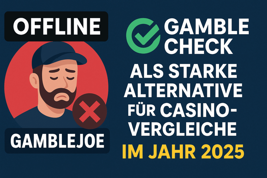 Ein traurig blickender Mann mit Bart und Basecap sitzt vor einem roten Kreis mit einem X. Links oben befindet sich ein schwarzes Feld mit der Aufschrift "OFFLINE", darunter steht "GAMBLEJOE". Rechts daneben ist das grüne Gamble Check Logo sowie der Text: "Gamble Check als starke Alternative für Casinovergleiche im Jahr 2025".