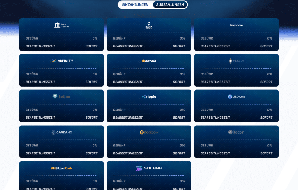Moderne Auszahlungsmethoden bei Scored Casino – MiFinity, Bitcoin, Ethereum, Ripple, Cardano, Tether, Solana und klassische Banküberweisung. Schnelle Casino Auszahlungen und Dauer im Gamble Check Test