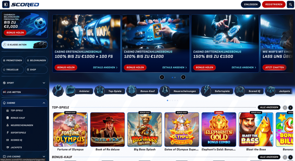 Startbildschirm im Scored Casino mit allen Casino Willkommensboni, Freispiele, Einzahlungsboni, beliebten Slots wie Book of Ra, Gates of Olympus und Testberichte zu Top Spielen im Gamble Check.