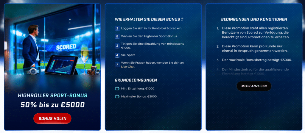 Der Highroller Sport-Bonus bei Scored Casino – 50% bis 5000 Euro für große Sportwetten Fans, Erfahrungen, Bedingungen und exklusive Vorteile für deutsche High Roller.
