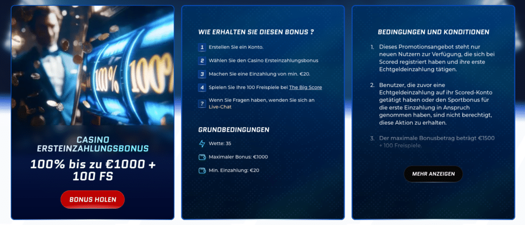 Startseite zum Casino Ersteinzahlungsbonus bei Scored Casino: 100% Bonus bis 1000 Euro plus 100 Freispiele, Bedingungen und Vorteile für Neukunden im Gamble Check Test.