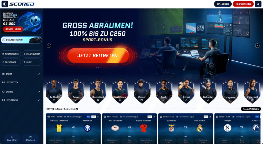 Startseite von Scored Casino mit Sportwetten, Boni bis 250 Euro, Cashback Aktion und Top-Ligen wie Bundesliga & Champions League – Online Casino Erfahrungen für Deutschland, Österreich und die Schweiz.