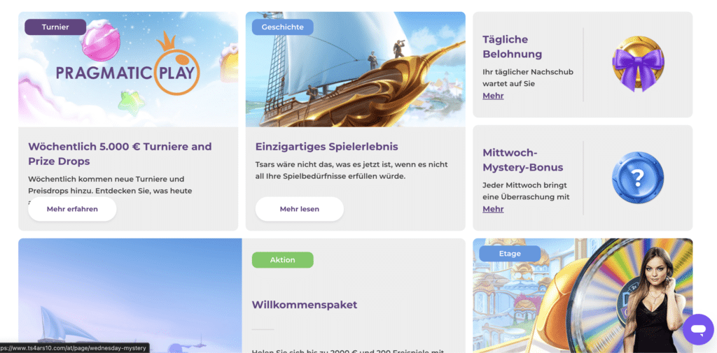 Aktionenübersicht im Tsars Casino mit Pragmatic Play Turnieren, tägliche Belohnungen, Mittwochsbonus und mehr für deutsche Spieler