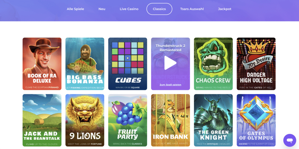 Klassiker Spielautomaten im Tsars Casino wie Book of Ra Deluxe, Big Bass Bonanza, Fruit Party, Chaos Crew und Gates of Olympus, beste Slot Auswahl für Deutschland