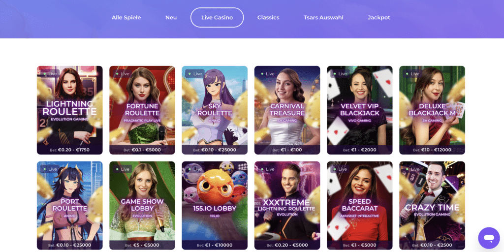 Live Casino Übersicht bei Tsars Casino mit Lightning Roulette, Blackjack, Game Shows und weiteren Live Spielen für deutschsprachige Spieler