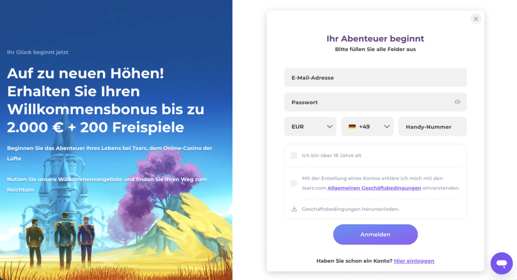 Tsars Casino Registrierungsseite 2025 mit Anmeldeformular und Hinweis auf Willkommensbonus bis zu 2.000 Euro und 200 Freispiele für Neukunden
