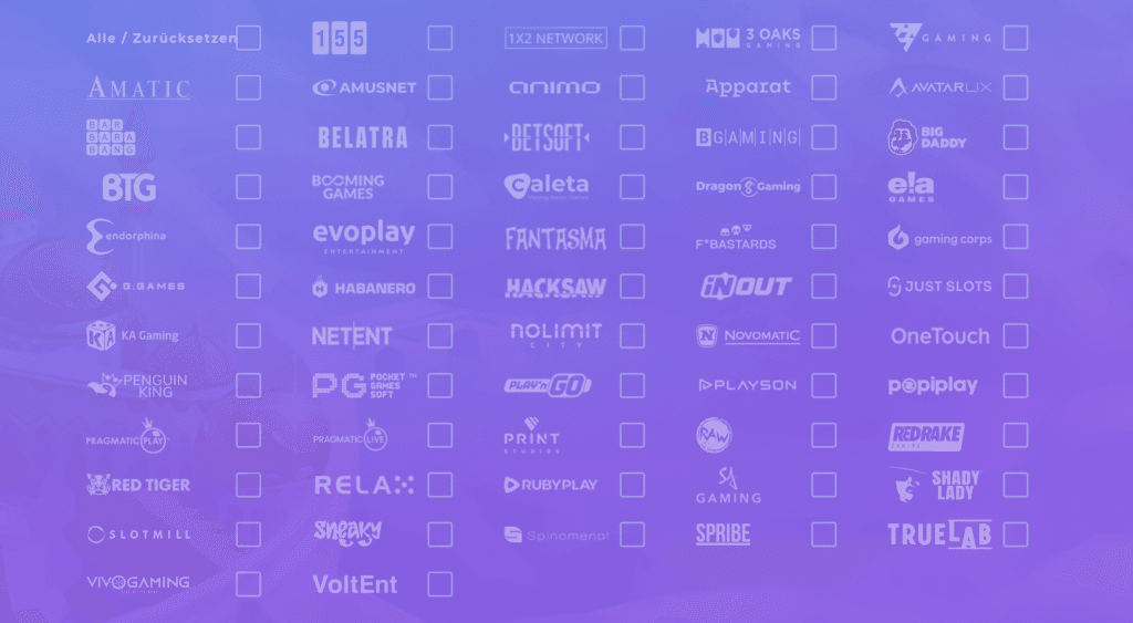 Übersicht aller Spielanbieter im Tsars Casino wie Play’n GO, Pragmatic Play, Merkur, Hacksaw Gaming, NetEnt und weitere, beliebte Slots für Deutschland