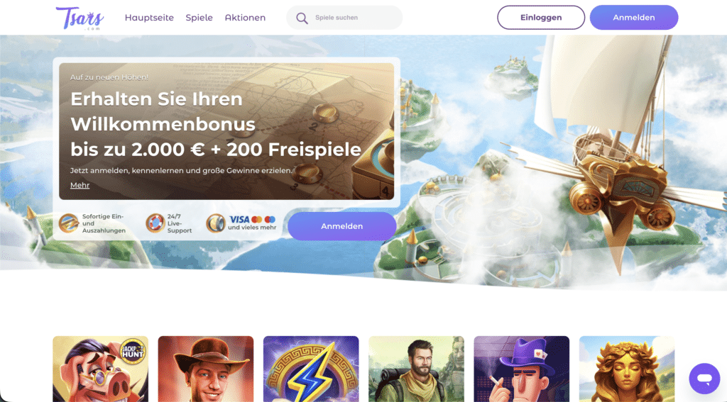 Startseite des Tsars Casinos mit Hinweis auf 2.000€ Bonus, schnelle Ein- und Auszahlungen sowie beliebte Online Spielautomaten im Jahr 2026