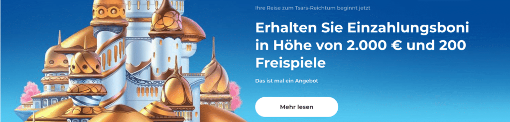 Grafik mit goldenen Palästen und Tsars Casino Bonus Angebot, 2.000 Euro Einzahlungsbonus und 200 Freispiele für neue Online Casino Spieler