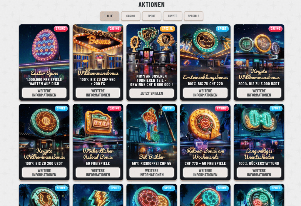 Alle aktuellen Wyns Casino und Sportwetten Aktionen auf einen Blick: Gratis Freispiele, Turniere, Einzahlungsbonus, Bet Builder und Cashback Specials.