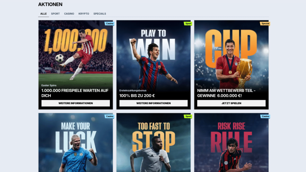 Übersicht der aktuellen Aktionen im Zoccer Casino mit Freispielen, Sport-Bonussen und speziellen Events