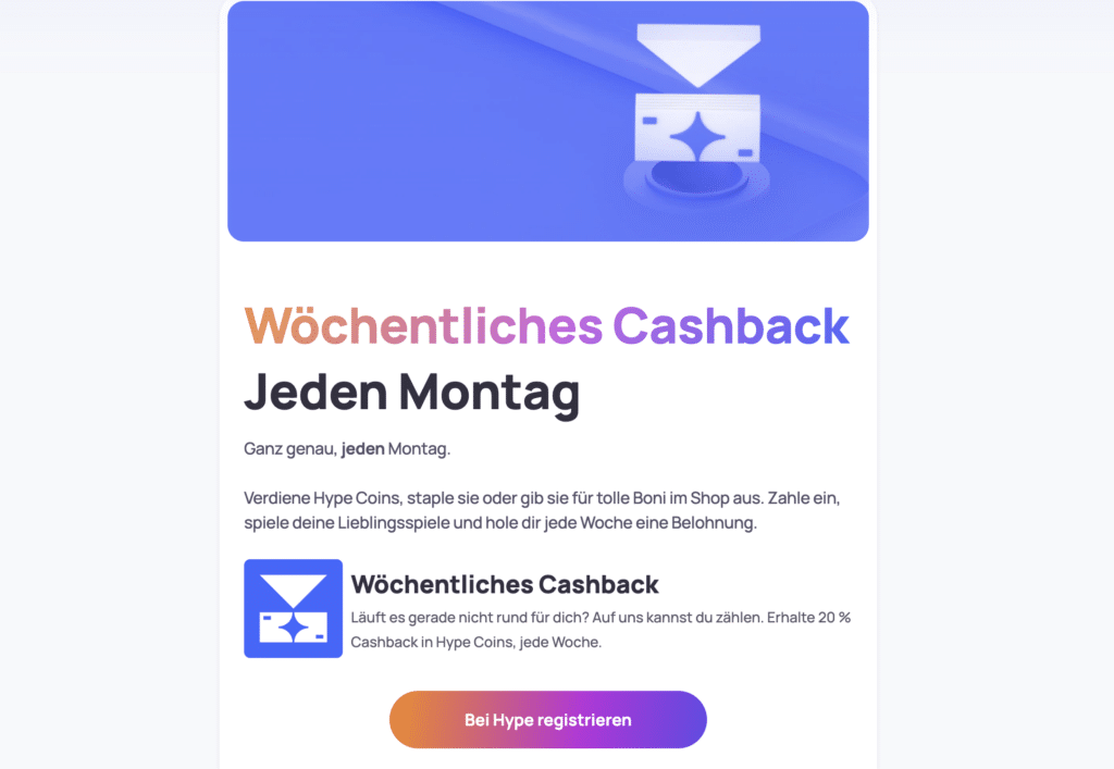 Aktion für wöchentliches Cashback bei HypeCasino, Promo für 20% Rückerstattung am Montag für Casinospieler