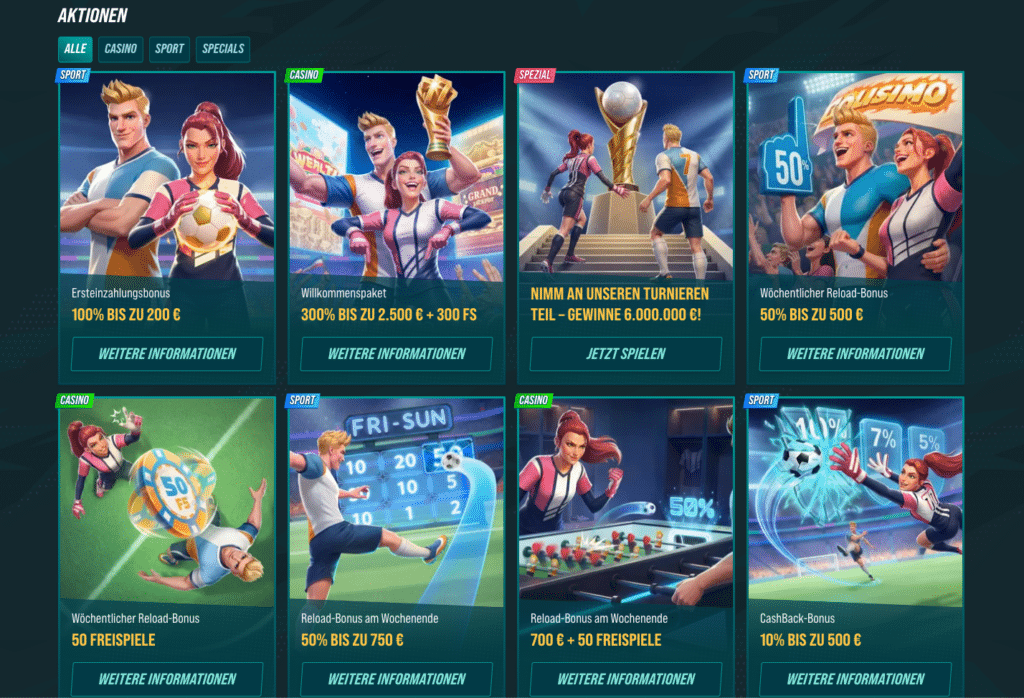 Verschiedene Casino und Sport Aktionen auf der Angebote-Seite des Golisimo Casinos, inklusive Bonus, Freispielen und Turnieren