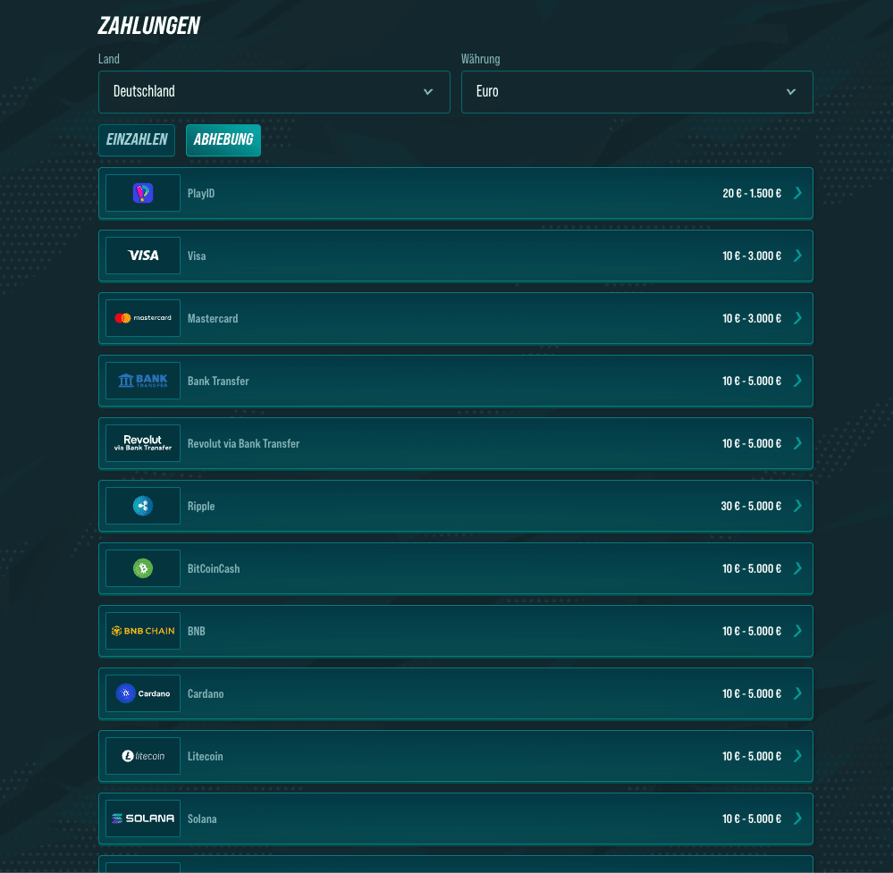 Auswahl an Auszahlungsoptionen im Golisimo Casino für deutsche Spieler, von E-Wallets über Kryptowährungen bis Banktransfer