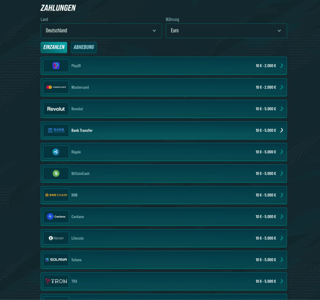Übersicht der verfügbaren Einzahlungsmethoden bei Golisimo Casino, inklusive Jeton, Revolut, Kryptowährungen und Banküberweisung