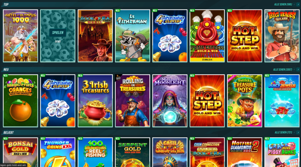 Auswahl beliebter Spielautomaten bei Golisimo Casino mit Book of Ra, Gates of Olympus, Big Bass Splash und Neuerscheinungen
