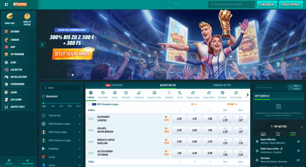 Golisimo Casino Startseite mit Willkommensbonus 300% bis zu 2.500 € und Freispielen, inklusive Navigation für Sportwetten und Casino