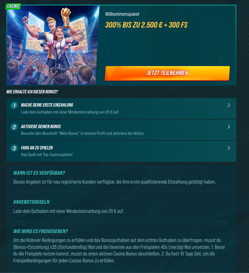 Aktionsseite des Golisimo Casino Willkommenspakets mit 300% Bonus bis zu 2.500 € und 300 Freispielen für neue Spieler