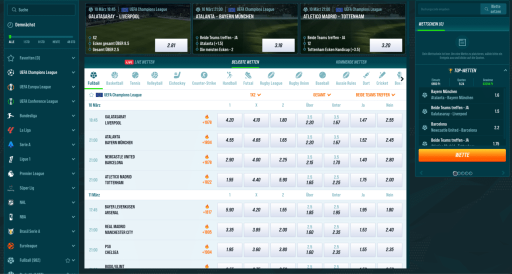 Screenshot der Golisimo Casino Sportwetten-Übersicht mit Quoten und anstehenden Spielen 2026