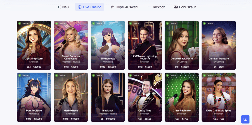 Live Casino Spiele von Evolution und Pragmatic Play im HypeCasino, mit verschiedenen Roulette- und Blackjack-Tischen