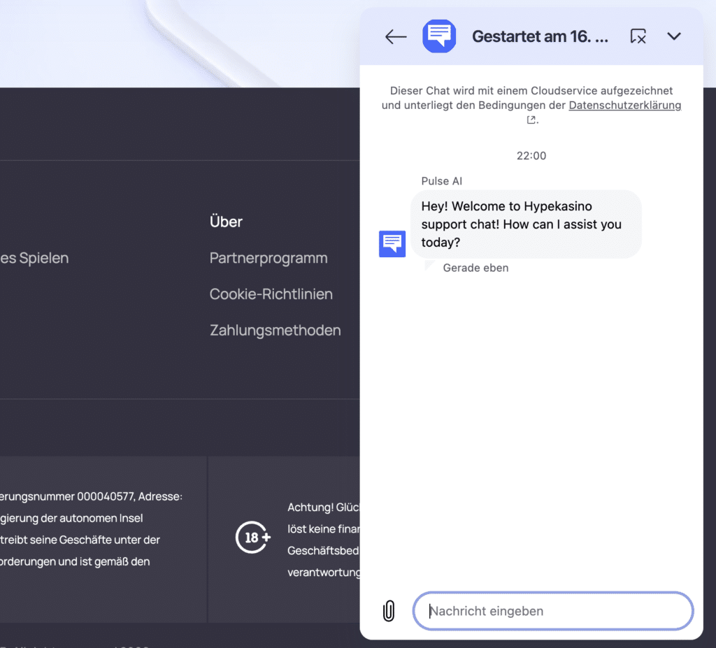 Screenshot vom Live Chat Support bei HypeCasino, schnell erreichbarer Kundenservice für Casino Spieler