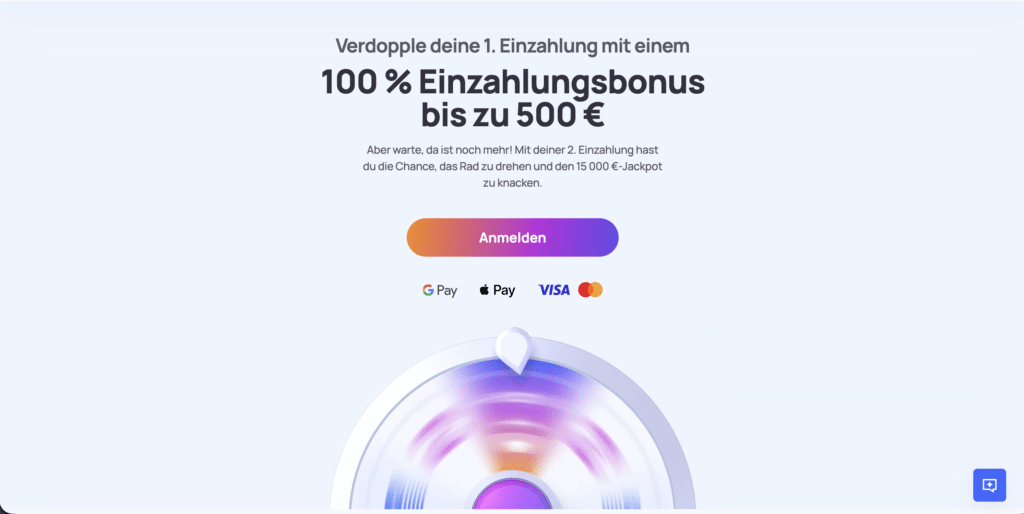 Willkommensbonus bei HypeCasino, Verdoppelung der ersten Einzahlung bis 500 Euro und Teilnahme am Wheel Spin für neue Kunden