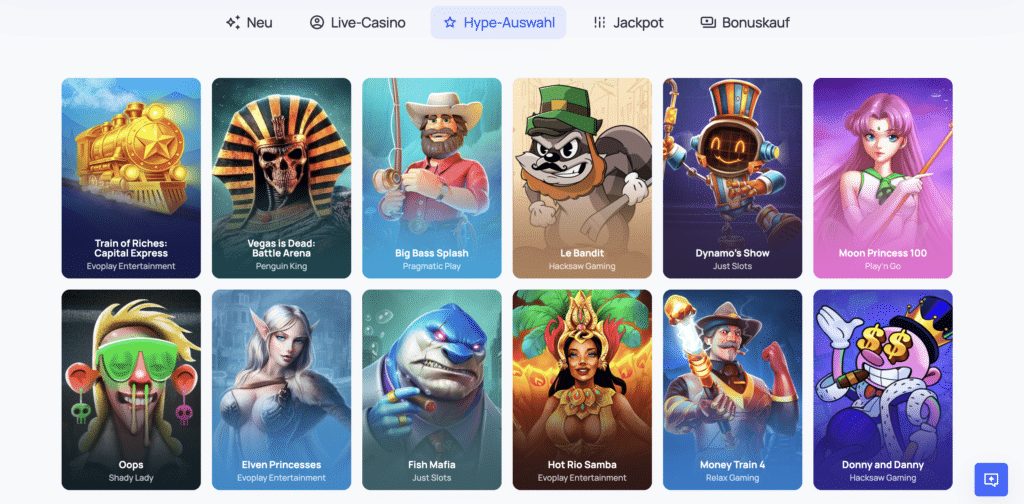 Ausgewählte Slots im HypeCasino wie Train of Riches, Vegas is Dead, Le Bandit und Moon Princess 100