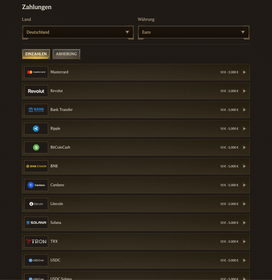 Screenshot der Auszahlungsmöglichkeiten im Realz Casino für Deutschland, mit Banküberweisung, Kreditkarte und verschiedenen Kryptowährungen und Dauer