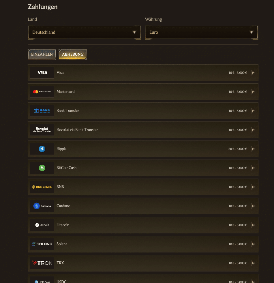 Übersicht der verschiedenen Einzahlungsmethoden im Realz Casino in Deutschland, inklusive Kreditkarte, Krypto und E-Wallets