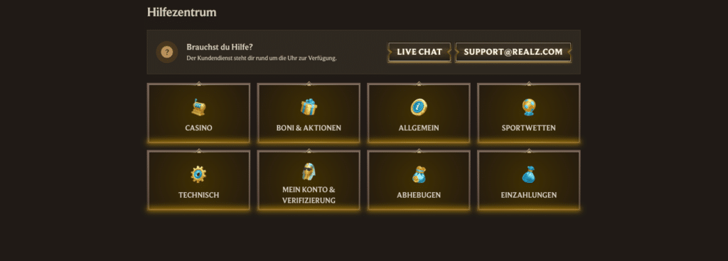 Screenshot vom Hilfecenter des Realz Casino mit Supportthemen und Kontaktmöglichkeiten wie Live Chat und E-Mail