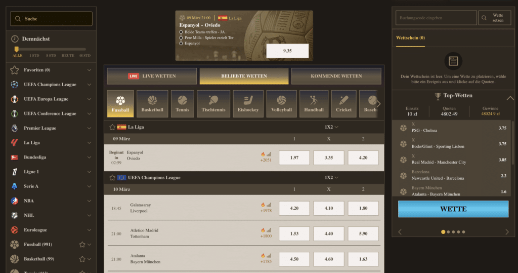 Ansicht der Sportwetten-Plattform im Realz Casino mit Fußballwetten, Quoten und Wettschein