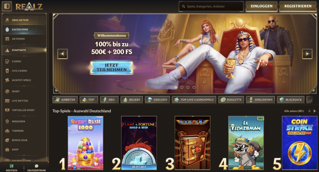 Startseite des Realz Casinos mit Willkommensbonus, Navigationsmenü und Top-Spielen für deutsche Nutzer
