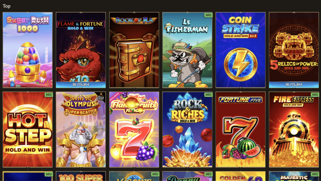 Auswahl beliebter und neuer Online Slots wie Sugar Rush 1000 und Book of Ra bei Realz Casino