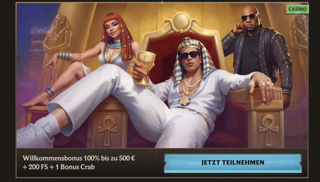 Realz Casino Promotion mit ägyptischem Pharao, Bodyguard und Dame auf Thron, bezieht sich auf Willkommensbonus 100% bis 500 € und 200 Freispiele