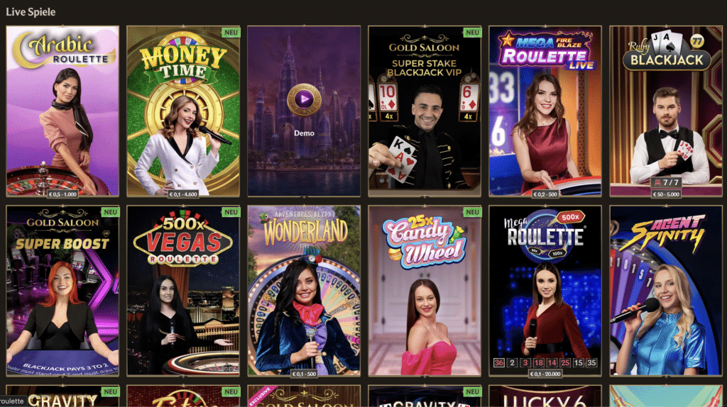 Verschiedene Live Casino Spiele und Game Shows wie Roulette, Blackjack und Candy Wheel im Angebot bei Realz Casino