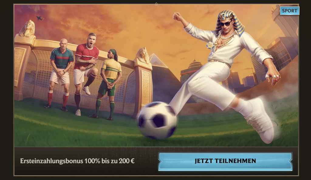 Illustration von Realz Casino mit ägyptischem Fußballspieler und Mauer beim Freistoß, dazu Hinweis auf Sportwetten Willkommensbonus 100% bis 200 €