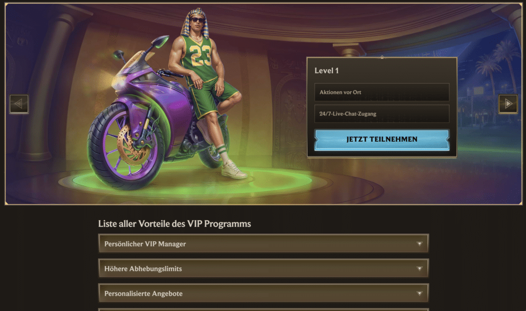 Illustration des VIP-Programms bei Realz Casino mit Charakter auf Motorad und den exklusiven Vorteilen für VIP-Spieler