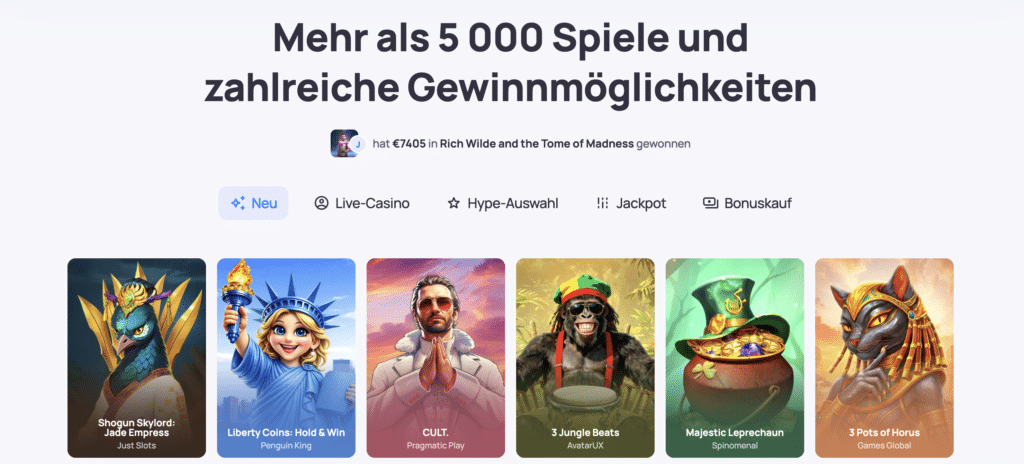 Riesige Auswahl an Online Casino Spielen bei HypeCasino im Jahr 2026, verschiedene Videoslots und Gewinnmöglichkeiten