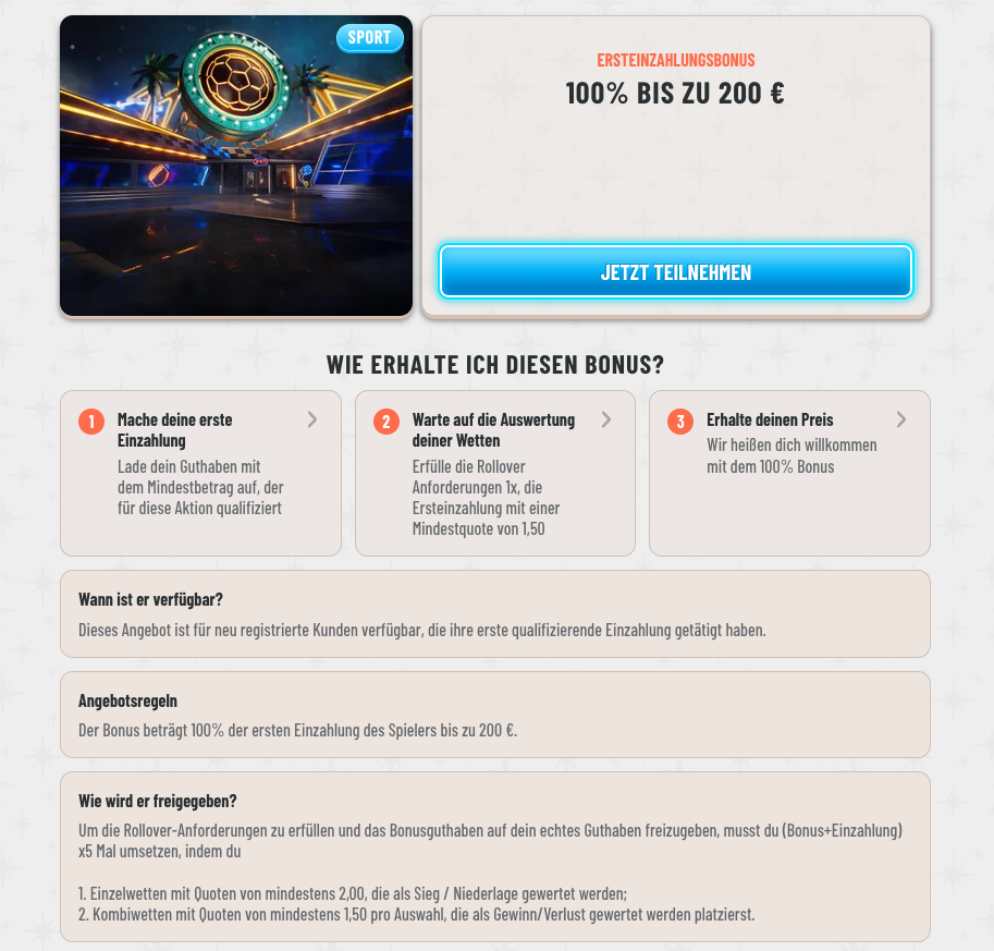 Wyns Casino Sportwetten Startbonus: 100% Bonus bis 200 Euro auf die erste Einzahlung, Übersicht zu den Schritten für die Bonusfreischaltung.no deposit