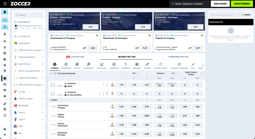 Screenshot der Sportwetten Übersicht im Zoccer Casino mit Livewetten auf Fußball, Tennis und weitere Sportarten