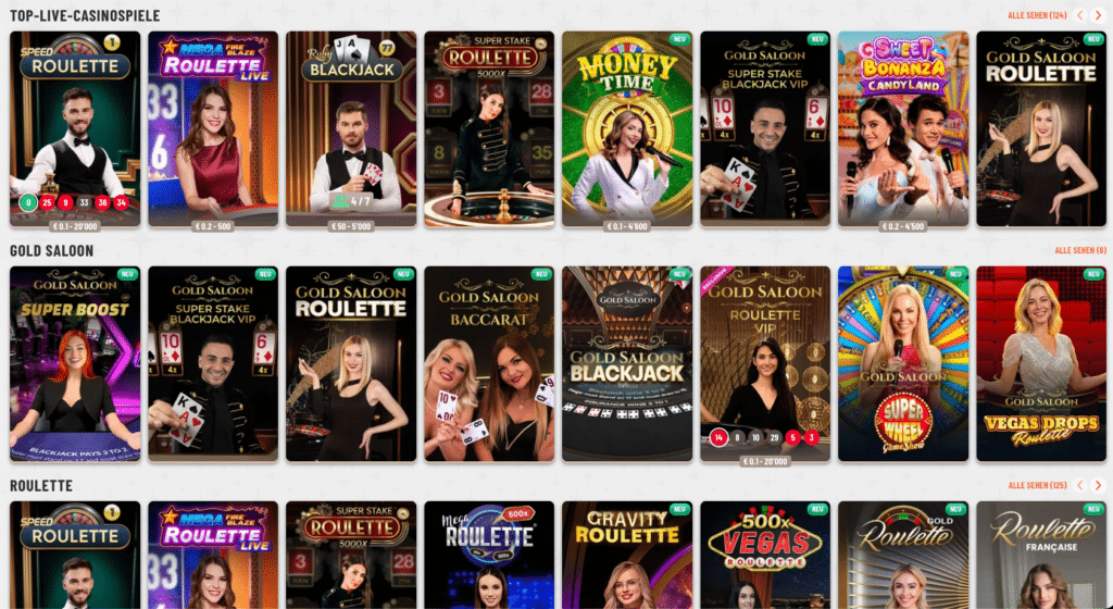 Wyns Top Live Casino Spiele: Auswahl der besten Live-Tischspiele und Gameshows wie Roulette, Blackjack, Bacarrat, Super Boost und Sweet Bonanza Candyland.