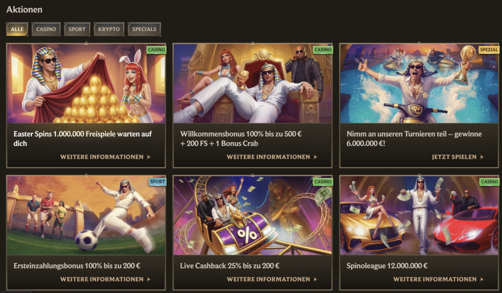 Verschiedene Bonusaktionen und Turniere bei Realz Casino, darunter Easter Spins, Willkommensbonus, Turniere, Live Cashback und Spinoleague mit ägyptischem Thema