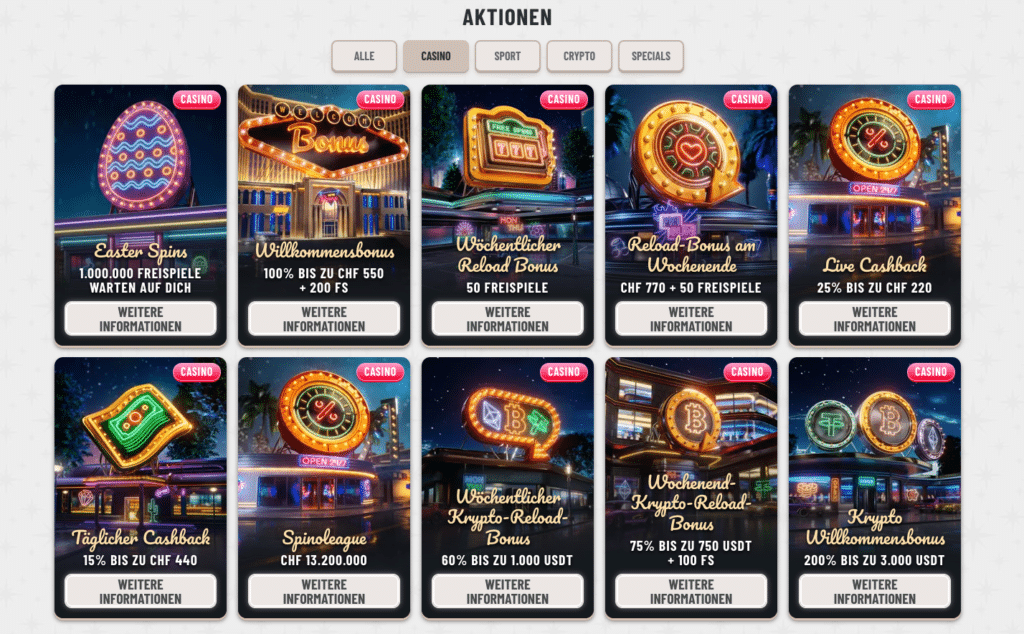 Aktionen Seite von Wyns Casino: Verschiedene Casino-Bonusangebote wie Willkommensbonus, Wochenend-Reload, Cashback, Freispiele und Krypto-Boni in der Übersicht.
