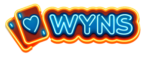 Wyns Casino Logo: Neon-Stil Schriftzug mit zwei Spielkarten – offizielles Markenlogo des Online Casinos Wyns für Slots, Sportwetten und Live-Spiele.