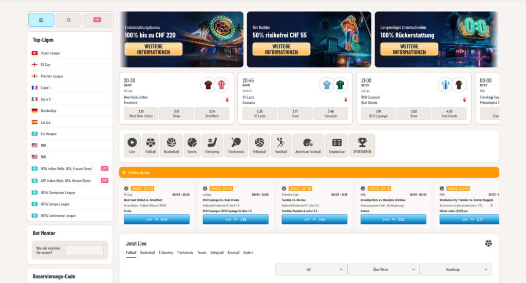 Screenshot der Wyns Casino Sportwetten-Lobby mit aktuellen Bonusaktionen, Fußballspielen, erhöhten Quoten und unterschiedlichen Sportarten.