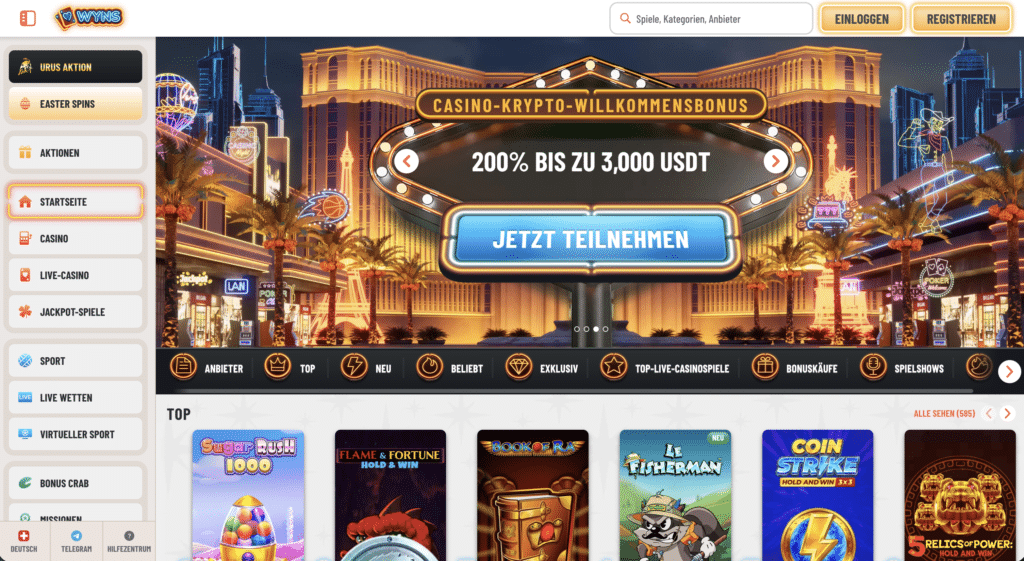 Wyns Casino Homepage mit prominentem Hinweis auf den 200% Krypto-Willkommensbonus bis zu 3.000 USDT und beliebten Online Slots wie Book of Ra.
