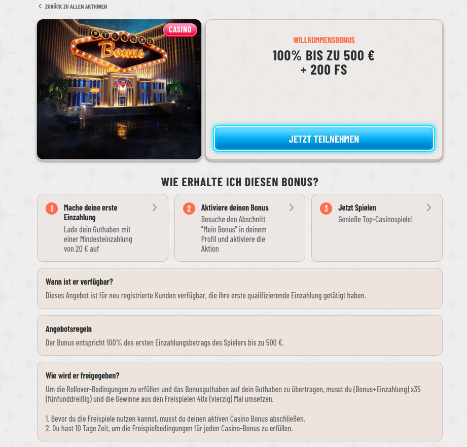 Wyns Casino Startbonus: 100% Einzahlungsbonus bis 500 Euro und 200 Freispiele inklusive, Schritt-für-Schritt-Anleitung zur Bonusaktivierung im Online Casino.
