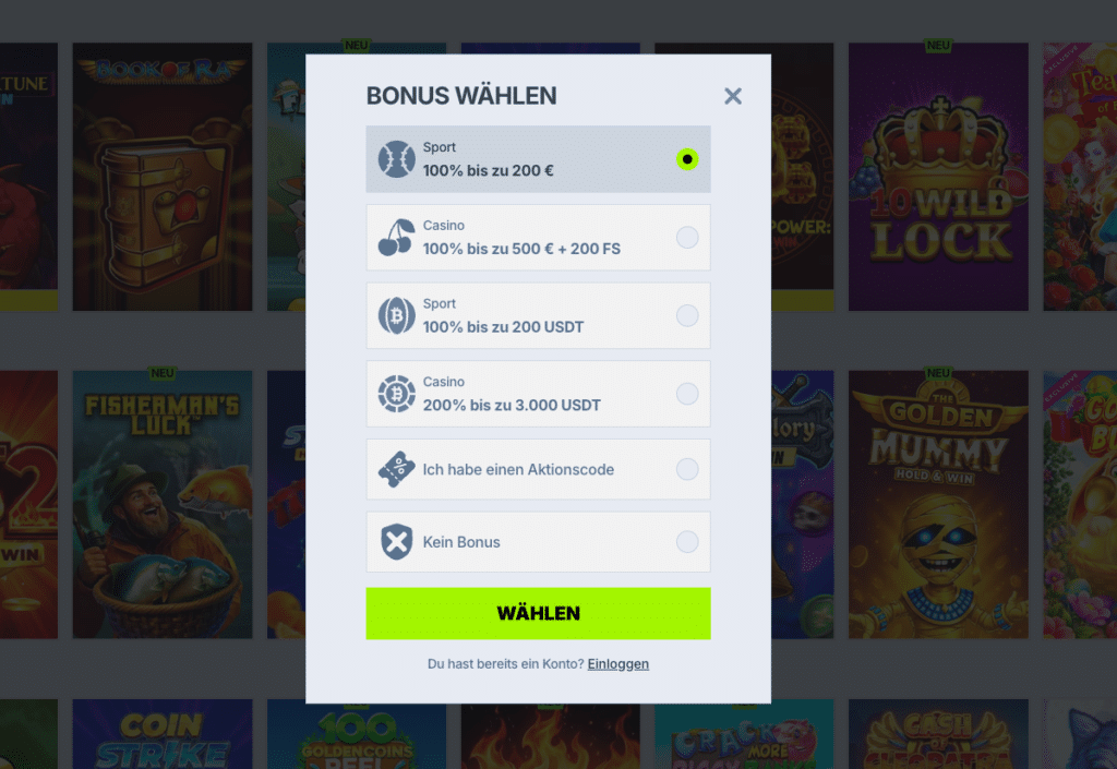 Auswahlmaske für verschiedene Boni inklusive 100% Willkommensbonus, Freispiele und Krypto Bonus im Zoccer Casino
