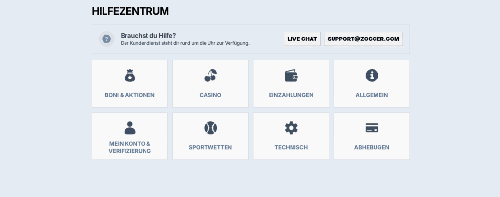 Screenshot des Zoccer Casino Hilfezentrums mit Live Chat und Support für Bonus, Einzahlungen, Verifizierung und technische Problemlösungen