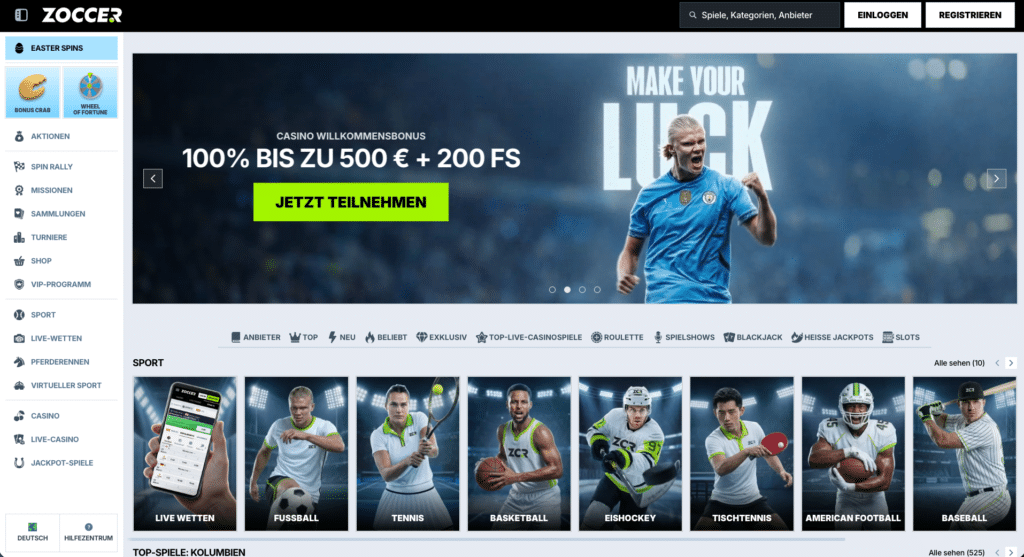 Screenshot der Zoccer Startseite 2026 mit Willkommensbonus, Top-Sportarten und Auswahl an Spielautomaten